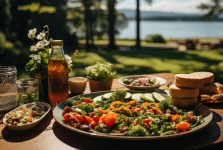 Repas au bord de l'eau, salade et plats bons pour la santé. Freepik