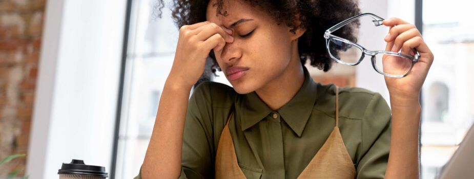 Femme en burn out au travail qui se tient le visage dans la main. Freepik